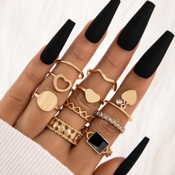 Boutique Jewelry - 10 Piece Stackable Ring Set Heart Shape Artificial Rhinestones Gold Tone